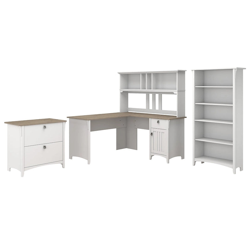Scrivania angolare a L con credenza, schedario e libreria