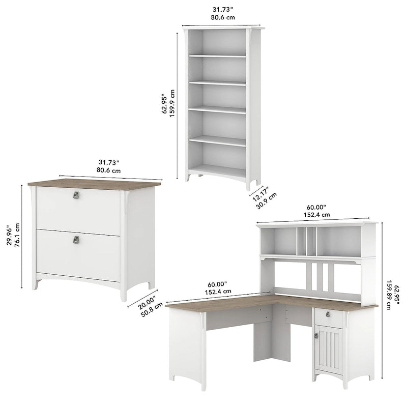 Scrivania angolare a L con credenza, schedario e libreria