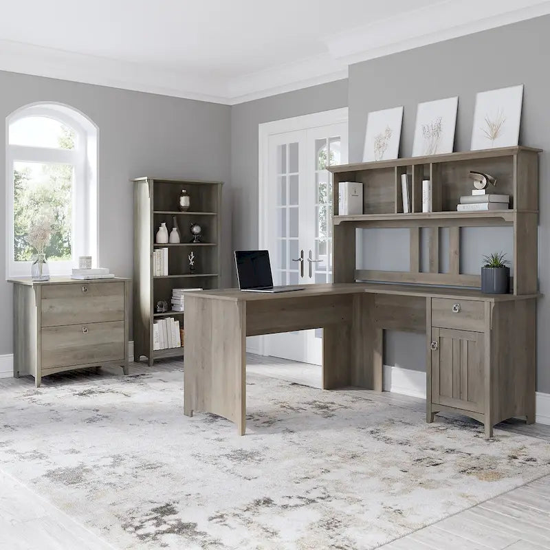 Scrivania angolare a L con credenza, schedario e libreria