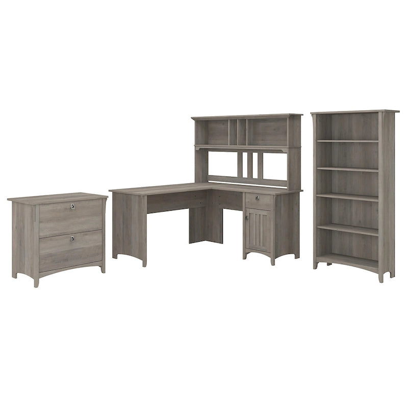 Scrivania angolare a L con credenza, schedario e libreria