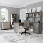 Scrivania angolare a L con credenza, schedario e libreria