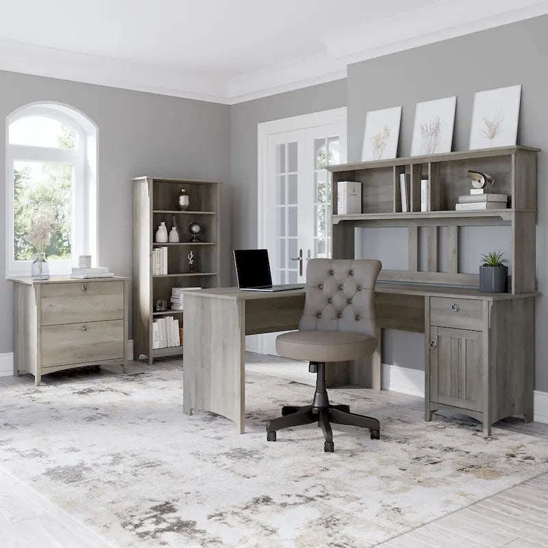 Scrivania angolare a L con credenza, schedario e libreria
