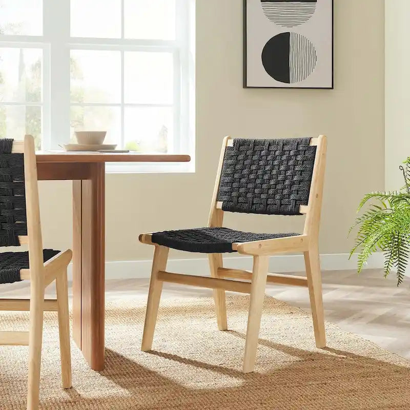 Sedia da pranzo con sedile in corda intrecciata e struttura in legno, set da 2