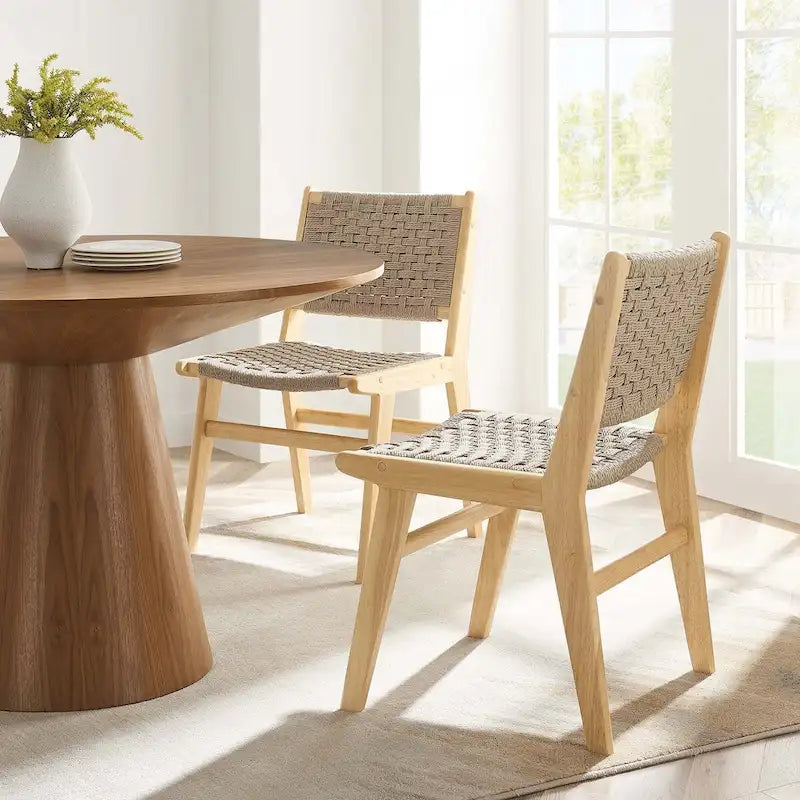 Sedia da pranzo con sedile in corda intrecciata e struttura in legno, set da 2