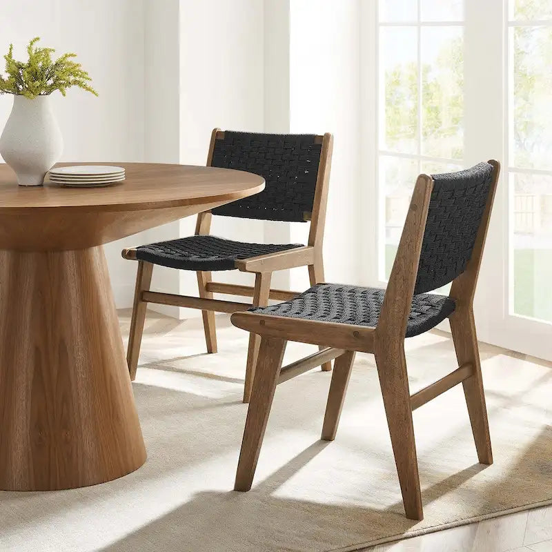 Sedia da pranzo con sedile in corda intrecciata e struttura in legno, set da 2
