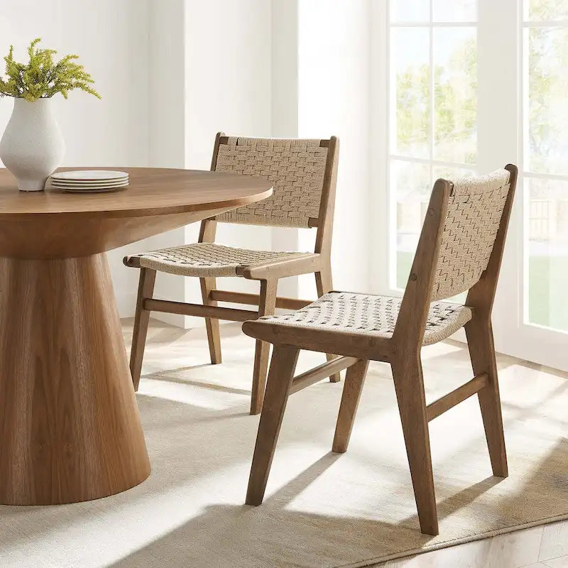 Sedia da pranzo con sedile in corda intrecciata e struttura in legno, set da 2