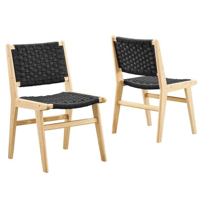 Sedia da pranzo con sedile in corda intrecciata e struttura in legno, set da 2