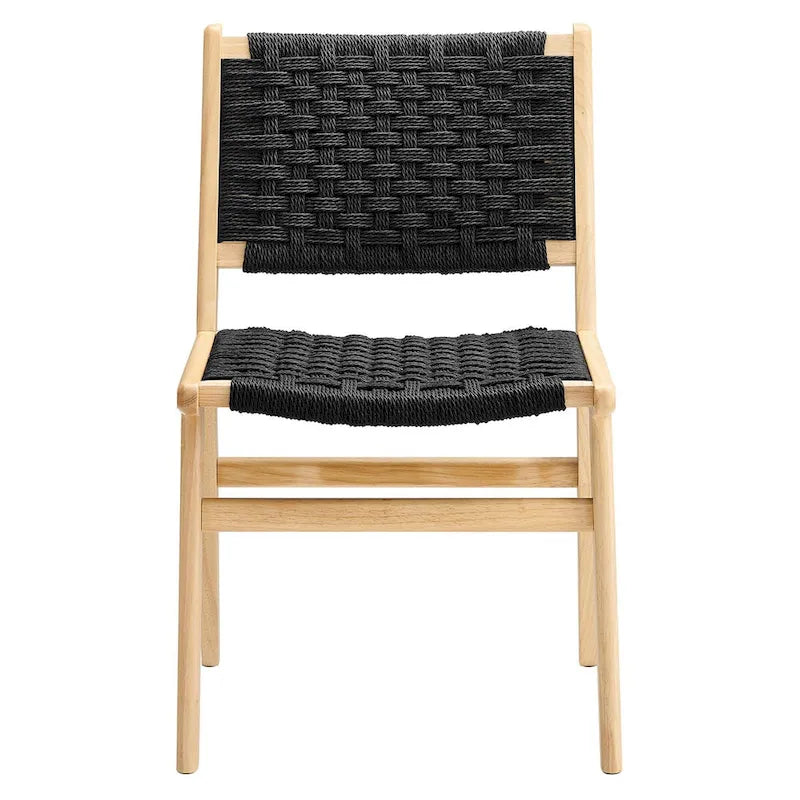 Sedia da pranzo con sedile in corda intrecciata e struttura in legno, set da 2