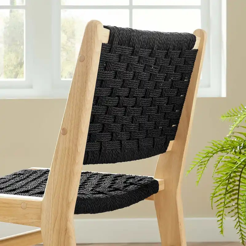Sedia da pranzo con sedile in corda intrecciata e struttura in legno, set da 2