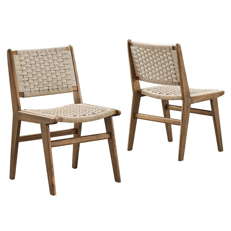 Sedia da pranzo con sedile in corda intrecciata e struttura in legno, set da 2