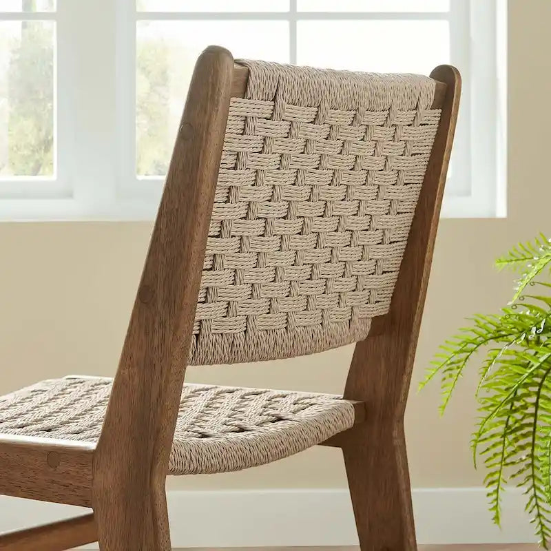 Sedia da pranzo con sedile in corda intrecciata e struttura in legno, set da 2
