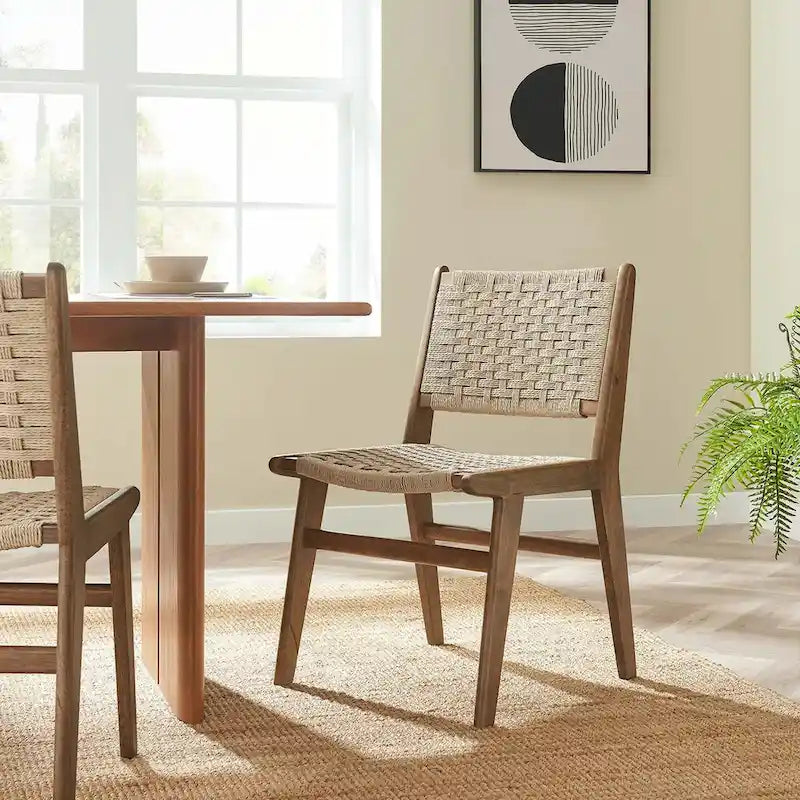 Sedia da pranzo con sedile in corda intrecciata e struttura in legno, set da 2