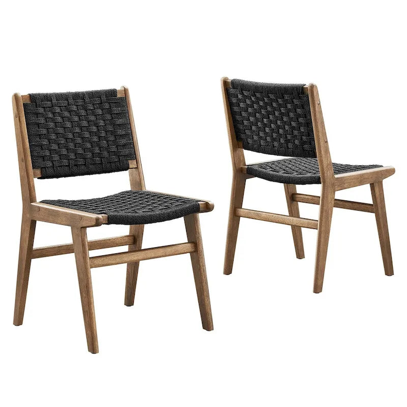 Sedia da pranzo con sedile in corda intrecciata e struttura in legno, set da 2