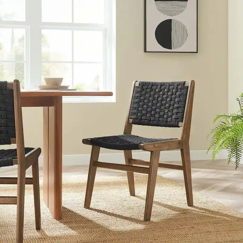 Sedia da pranzo con sedile in corda intrecciata e struttura in legno, set da 2