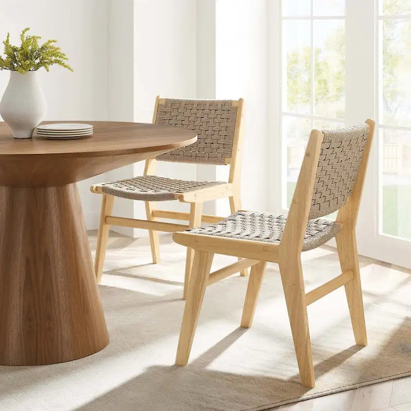 Sedia da pranzo con sedile in corda intrecciata e struttura in legno, set da 2