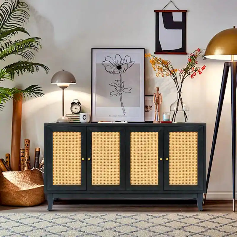Madia con pannelli in rattan a 4 ante e ripiano regolabile